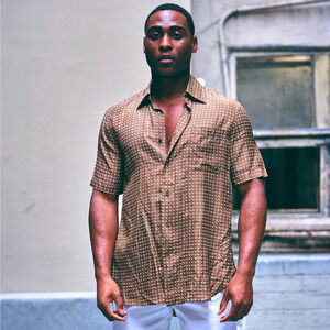 1970s Eres of Beverly Hills Brown Silk Short Sleeve button-up